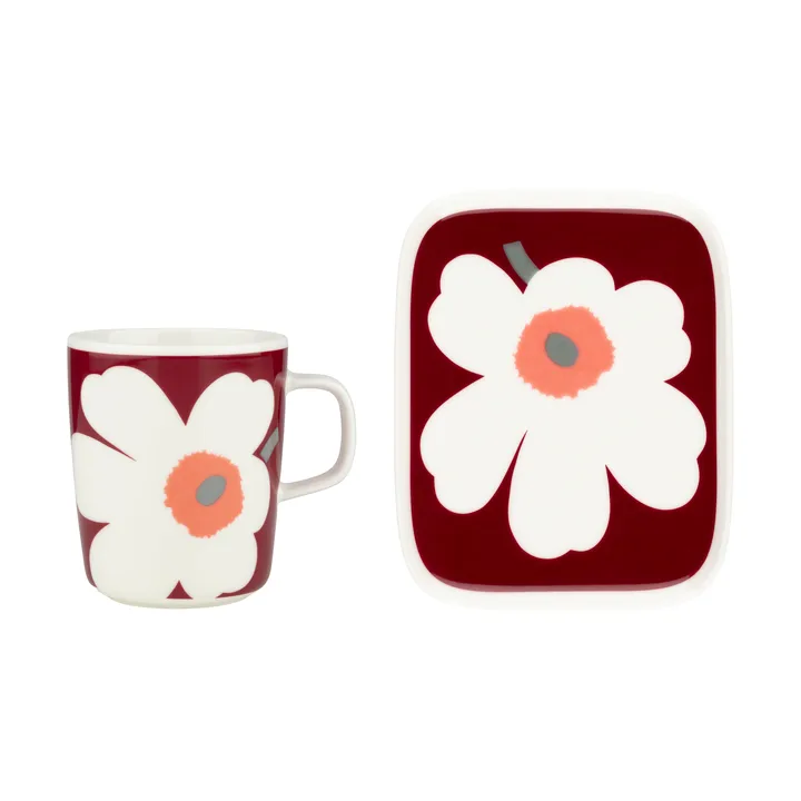 Unikko 60th anniversary mug 25 cl + plate 12x15 cm - White-dark cherry-ash grey - Marimekko